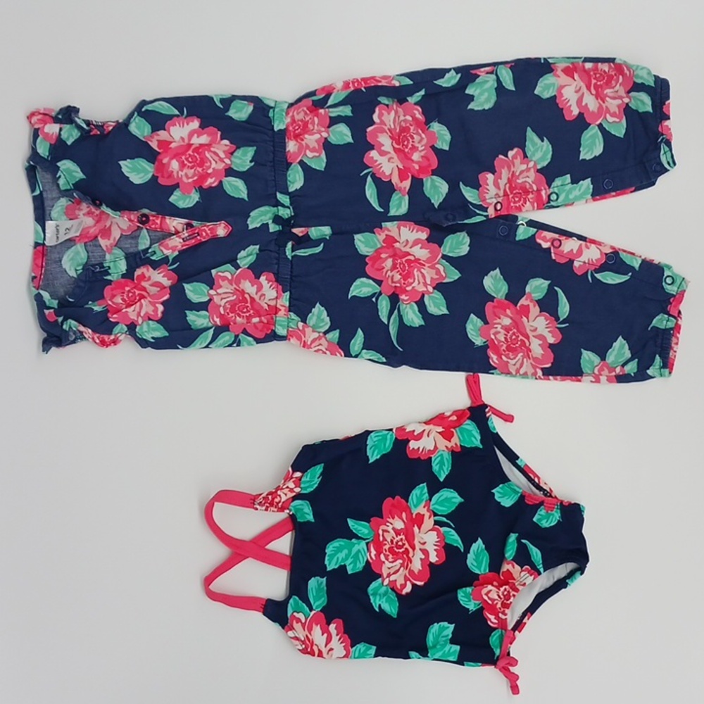 Girls Matching Floral Carter's One Piece Bathing Suit and Romper (12 Month)